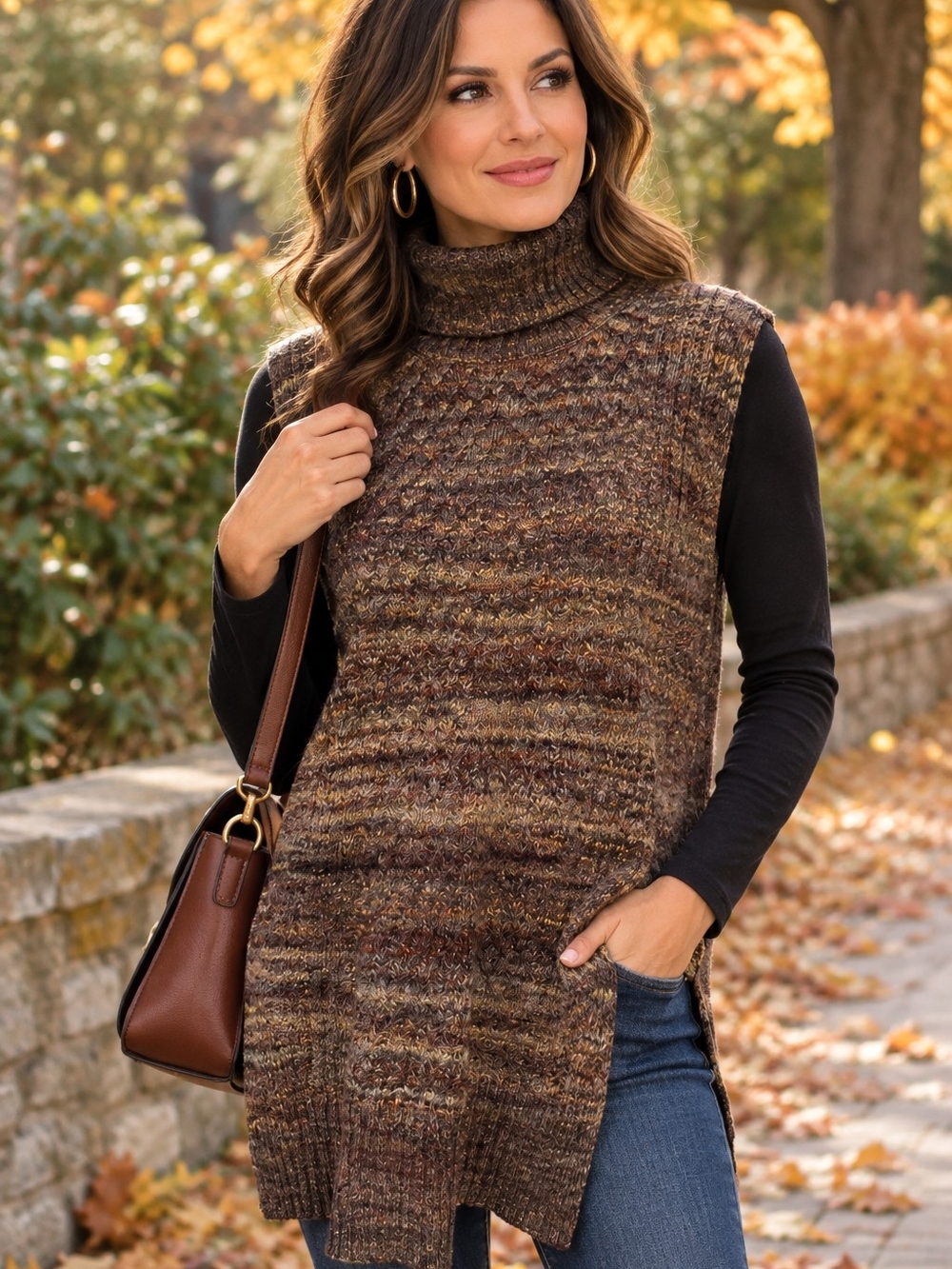 Cato Brown Multitone Wool Sleeveless Turtleneck Tunic Size Large